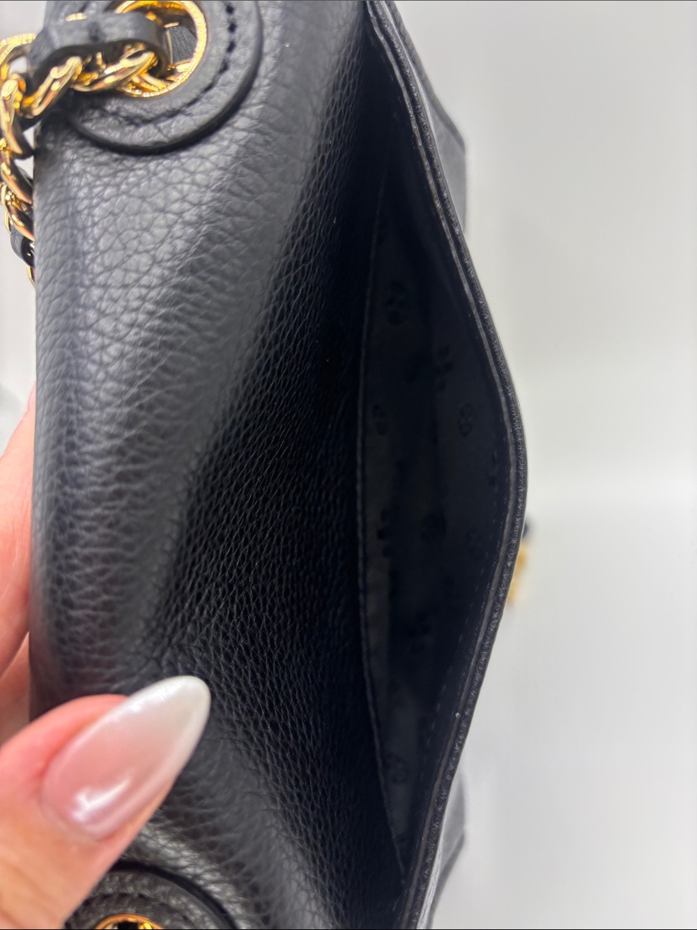 Tory Burch Black Pebbled Leather Whipstitch Chain Crossbody with Gold Hardware - Picture 8 of 14